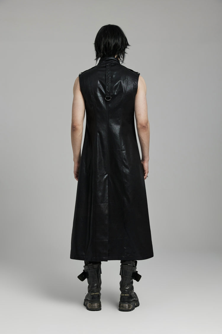 Black Stand Collar Sleeveless Faux Leather Men's Punk Long Vest