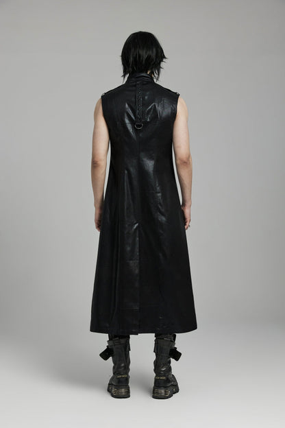 Black Stand Collar Sleeveless Faux Leather Men's Punk Long Vest