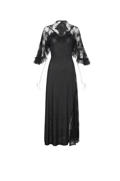 Black Stretch Printed Knit Panel Lace High Slit Asymmetric Women's Gothic Dress