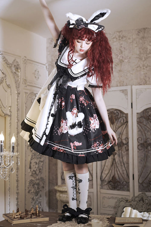 Black/White Navy Collar Short Sleeves Strawberry Bear Print Ruffled Hem Sweet Lolita Dress