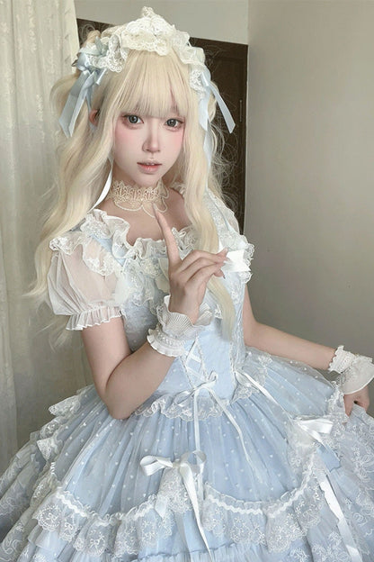 Blue [Candy House] Sleeveless Ruffle Bowknot Lace Lace-Up Sweet Lolita Jsk Dress