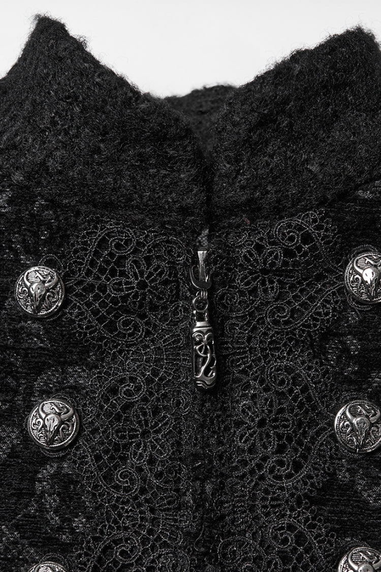 Black Stand Collar Long Sleeves Jacquard Zipper Double-Breasted Women's Punk Coat