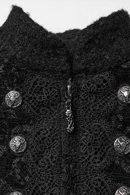 Black Stand Collar Long Sleeves Jacquard Zipper Double-Breasted Women's Punk Coat