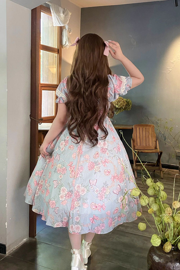Blue Gem Rose Print Short Puff Sleeves Ruffle Bowknot Sweet Plus Size Lolita Dress