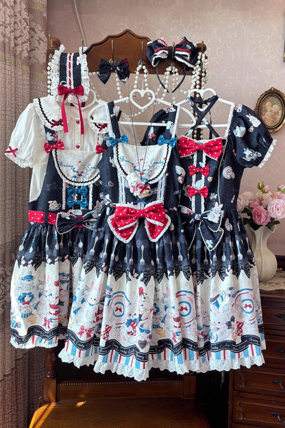 Black [Mystery Rabbit Tea Party] Square Collar Short Sleeves Print Ruffle Bowknot Lace Sweet Lolita Dress