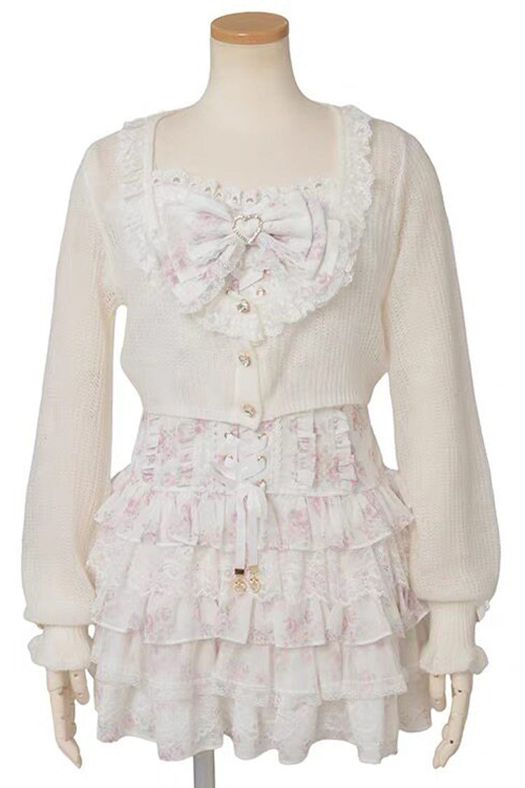 Jirai Kei Long Sleeves Multi-Layered Printed Ruffled Bow Sweet Dress 3 Colors