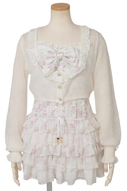 Jirai Kei Long Sleeves Multi-Layered Printed Ruffled Bow Sweet Dress 3 Colors