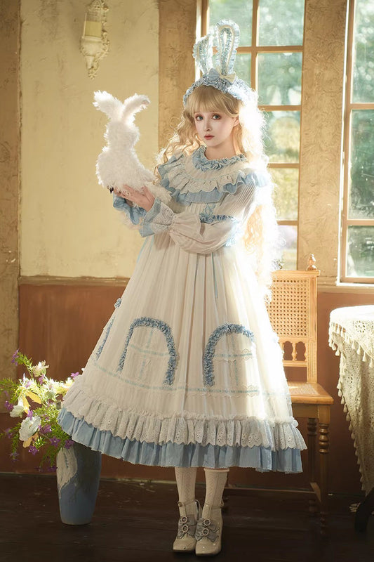 Blue [Twin Lilian] Round Collar Long Sleeves Double-Layered Ruffled Bow Lace-Up Sweet Lolita Dress