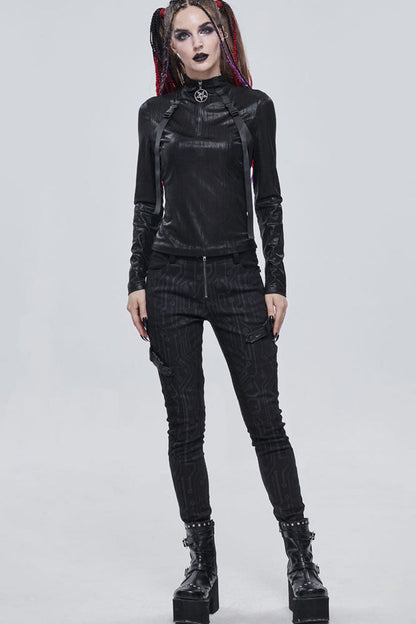 Black Punk Shimmery Stretch Fabric With Zipper Metal Pentagram Pendant Women's Shirt