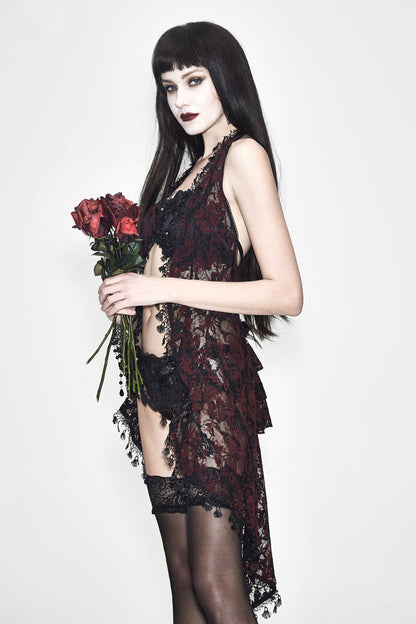 Red Frilly Tassel Hem Halter Lace Women's Gothic T-Shirt