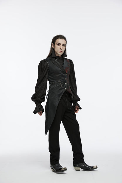 Black V Collar Sleeveless Embroidery Lace Asymmetric Men's Gothic Vest