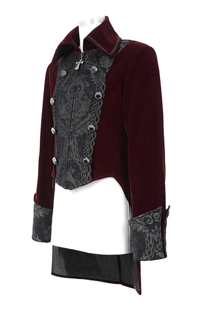 Red Court Pattern Lapel Collar Velvet Mens Gothic Coat