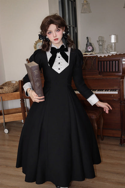 Black [Miss Donya] Stand Collar Long Sleeves Bow Gothic Elegant Lolita OP Dress