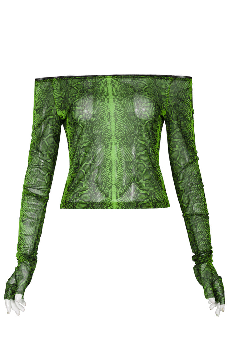 Green Long Sleeve One Word Collar Half Cut Finger Cuffs Tight Python Serpent Print Women's Punk T-Shirt