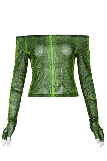 Green Long Sleeve One Word Collar Half Cut Finger Cuffs Tight Python Serpent Print Women's Punk T-Shirt