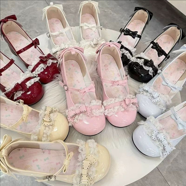 Round Toe Bow Mid Heel Lolita Shoes with Cat Paw Heels 6 Colors