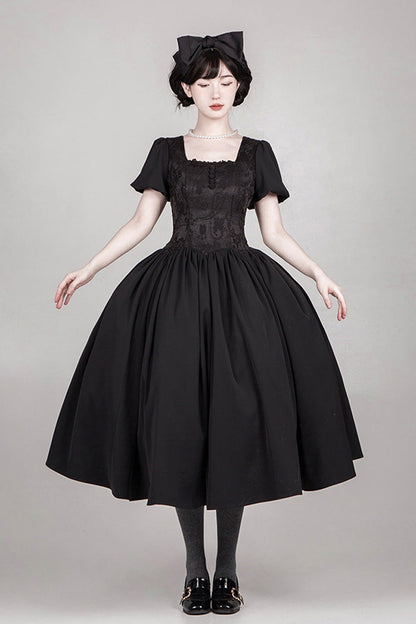 Black [Old Testament] Short Sleeves Ruffle Embroidery Bowknot Lace-Up Gothic Lolita Dress 2 Versions
