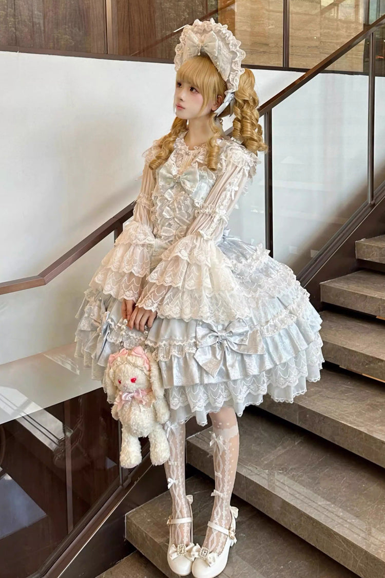 Blue [Dream-Sinking Pearl Veil] Doll-Style Sleeveless Multi-Layered Ruffled Bow Lace Daily Sweet Lolita Dress