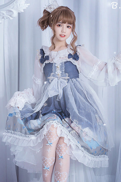 Blue Lace Chiffon Little Prince Printed Sweet Lolita Jsk Dress