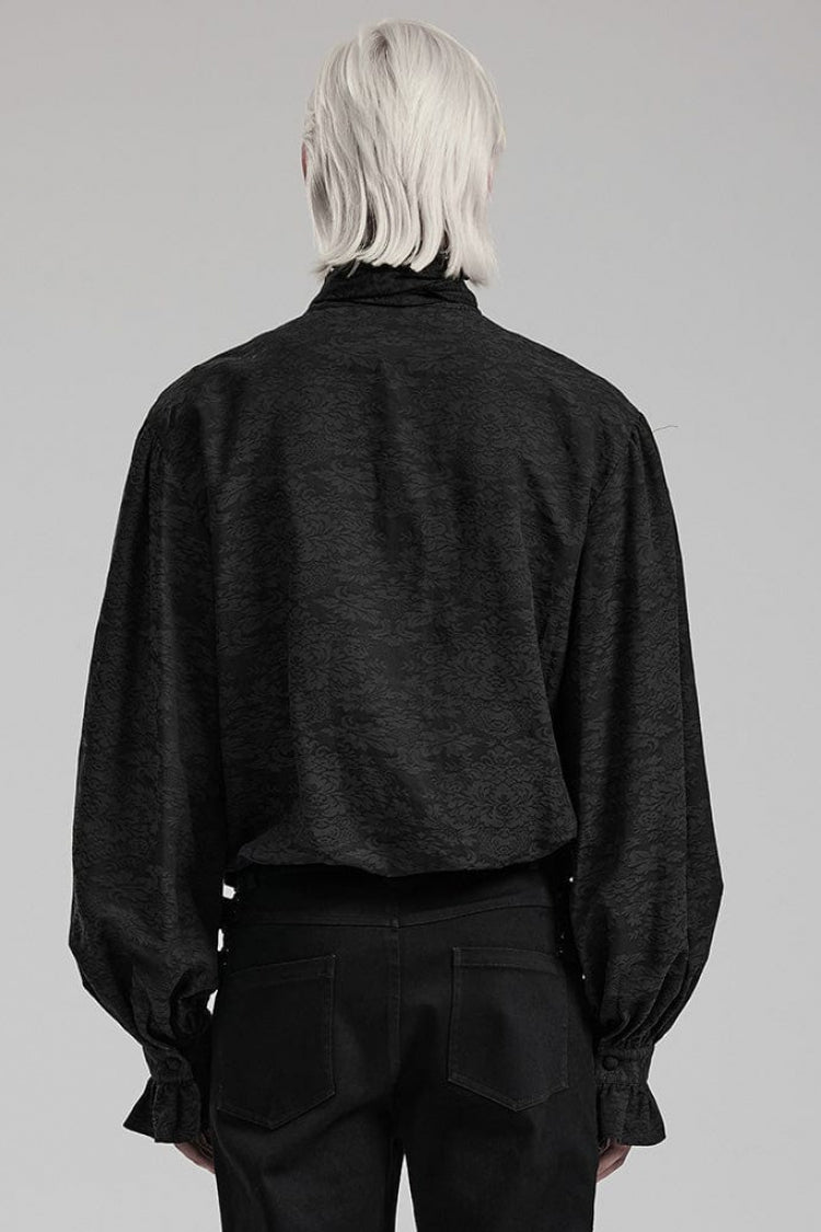Black Stand Collar Long Puff Sleeves Jacquard Print Mens Gothic Blouse with Necktie