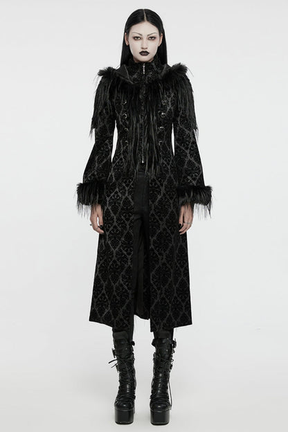 Black Stand Collar Long Sleeves Jacquard Print Stitching Hooded Women's Gothic Coat