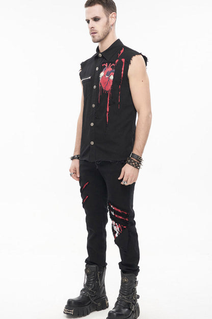 Black Punk Simple Everyday Stand Collar Print Sleeveless Men's Shirt