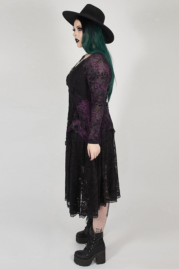 Purple V-Neck Front Splice Rose Lace Mesh Back Waist Lace-Up Irregular Hem Plus Size Knit Women's Gothic T-Shirt