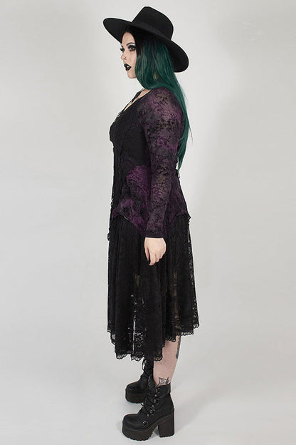 Purple V-Neck Front Splice Rose Lace Mesh Back Waist Lace-Up Irregular Hem Plus Size Knit Women's Gothic T-Shirt