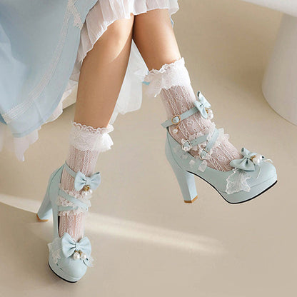 Sweet Ruffled Bow Lace Pearl-Decorated Lolita High Heels 6 Colors