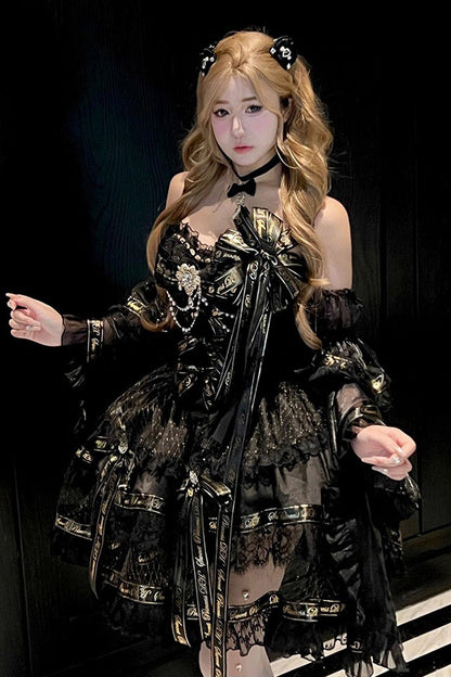 Black [Golden Obsidian Night] Sleeveless Double-Layered Ruffle Bowknot Pearl Gothic Princess Lolita Dress
