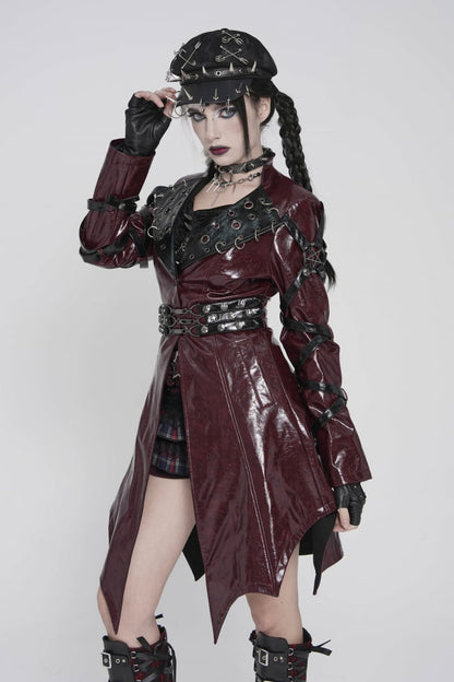 Red Lapel Collar Long Sleeves Lace-Up Irregular Eyelets & Rings Women's Punk Coat