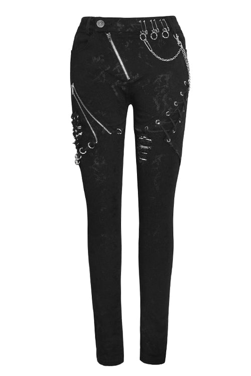 Black Punk Stretch Fitted Womens Pants With Zippper