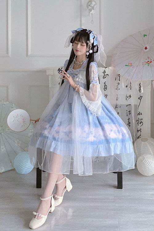 Blue Marine Jellyfish Print Bowknot Long Sleeves Ruffled Chinese Style Sweet Lolita Dress