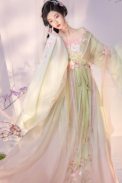 Gorgeous Embroidery With Pearl Accessories Women's Sweet Hanfu Dress Full Set 3 Colors