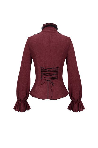 Red Lace High Neck Three Dimensional Embroidered Lantern Trumpet Sleeves Women's Gothic Shirt