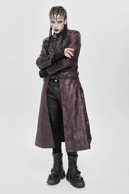 Red Stand Collar Zipper Straps Eyelet Men's Punk Coat