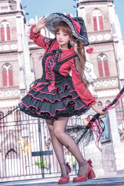 Black/Red [Showa Cake] Sleeveless Triple-Layered Ruffled Bow Lace-Up Witch Gothic Lolita Jsk Dress