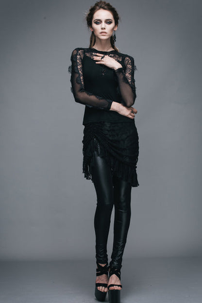 Black Sexy Lace Pattern Long Sleeves Gothic Womens T-Shirt