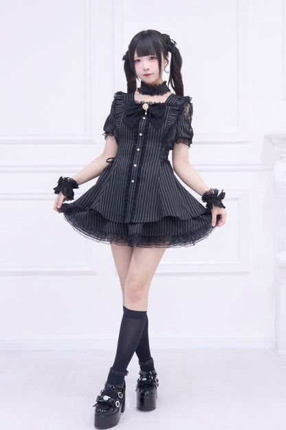 Black [Waltz] Short Sleeves Stripe Print Ruffle Bowknot Gothic Jirai Kei Japanese Dress Set