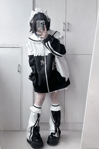 Jirai Kei Long Sleeves Ruffle Color Matching Zipper Coat 3 Colors