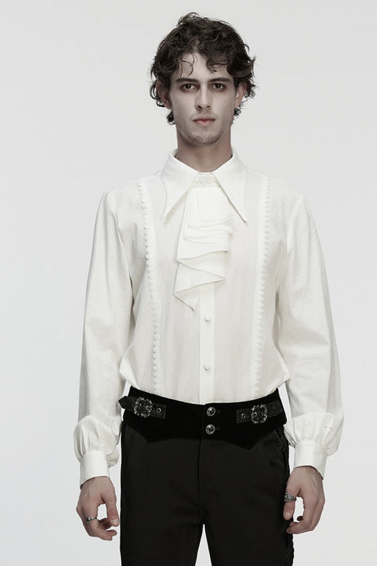 White Lapel Collar Long Puff Sleeves Men's Gothic Blouse with Detachable Necktie White