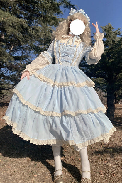 Blue Lapel Collar Long Sleeves High Waisted Multi-layer Bowknot Sweet Lolita Dress