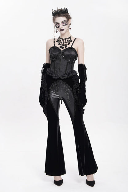 Black Ruffled Spliced Women's Gothic Floral Faux Leather&Velvet Ruffle Pants