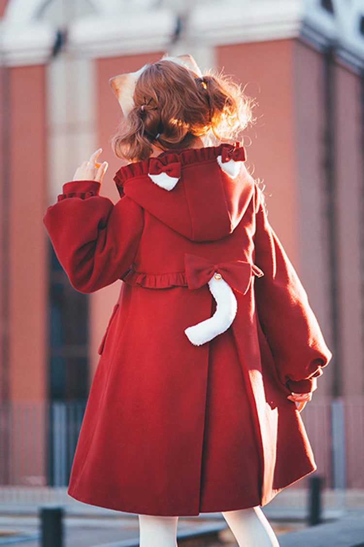 Red Cat Tail Long Sleeves Ruffle Bowknot Hooded Sweet Lolita Coat