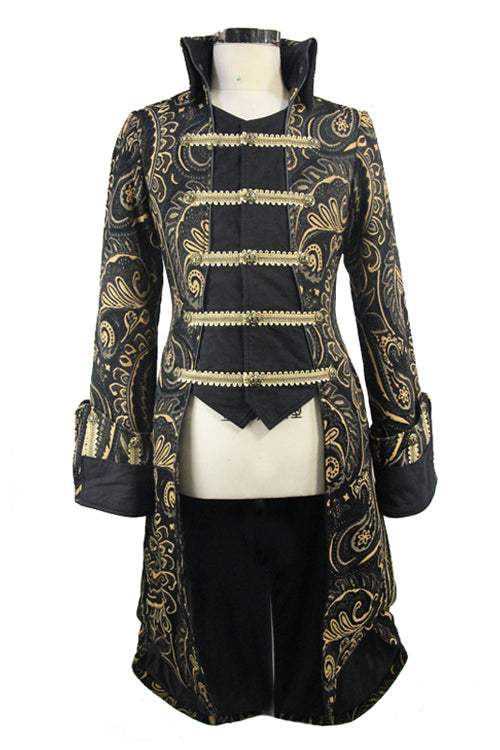Gothic Jacquard Fake Two Pieces Golden Mens Long Coat