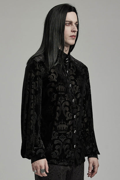 Black Stand Collar Puff Sleeves Jacquard Print Men's Gothic Blouse