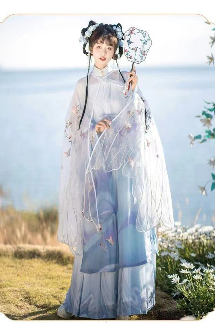 Blue Long Sleeves High Waisted Embroidery Women's Classic Chinese Style Hanfu Dress Full Set