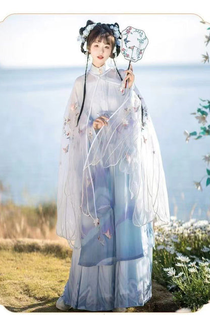 Blue Long Sleeves High Waisted Embroidery Women's Classic Chinese Style Hanfu Dress Full Set