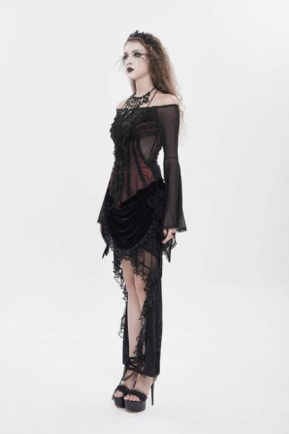 Black/Red Off Shoulder Long Trumpet Sleeves Ruffled Embroidered Lace-Up Women's Gothic Blouse