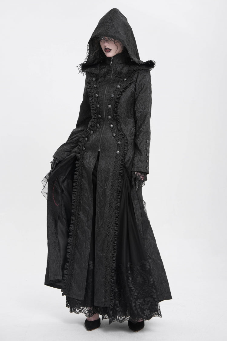 Black Stand Collar Long Sleeves Ruffle Hooded Women's Gothic Long Coat